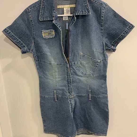 Azzure Denim Jumpsuit Shorts with Frayed Patch Accent - Picture 10 of 14